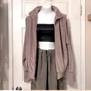 Vintage Ultra Sport LTD Taupe Light Brown Velour Bomber Funnel Neck Jacket